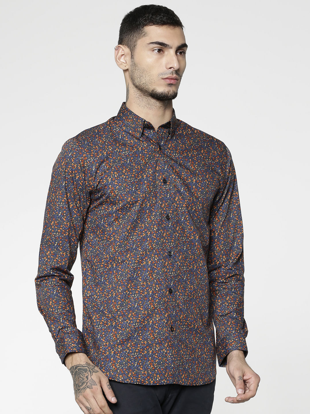 Blue All Over Floral Print Slim Fit Full Sleeves Shirt