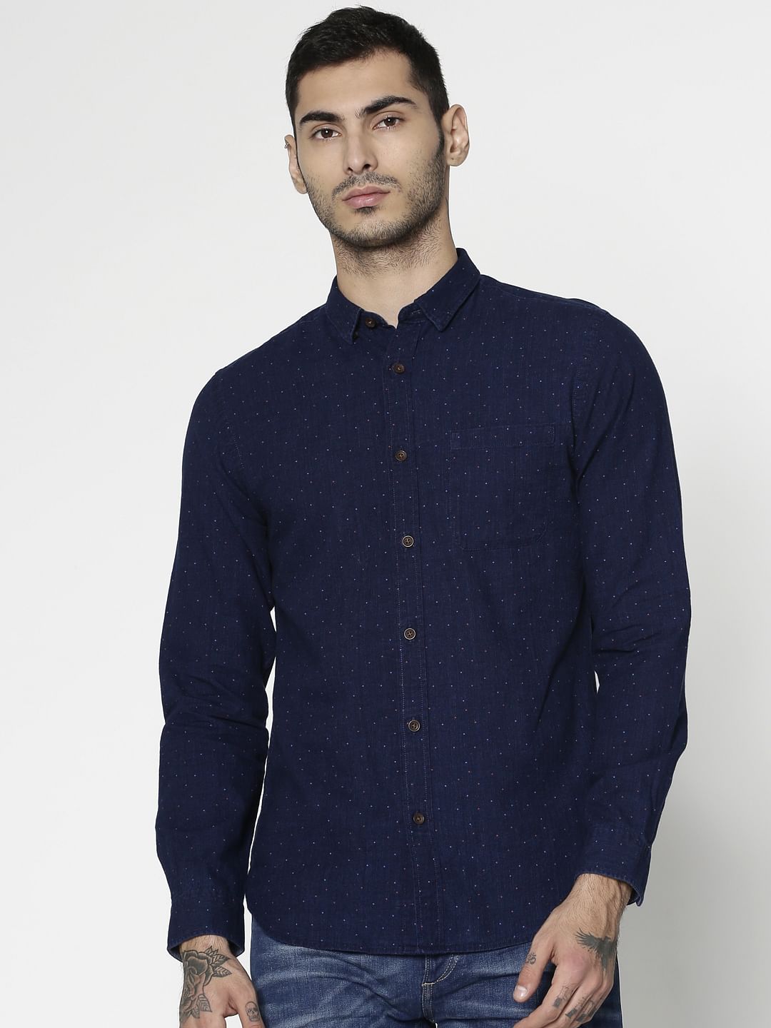 Blue All Over Dotted Print Slim Fit Full Sleeves Shirt