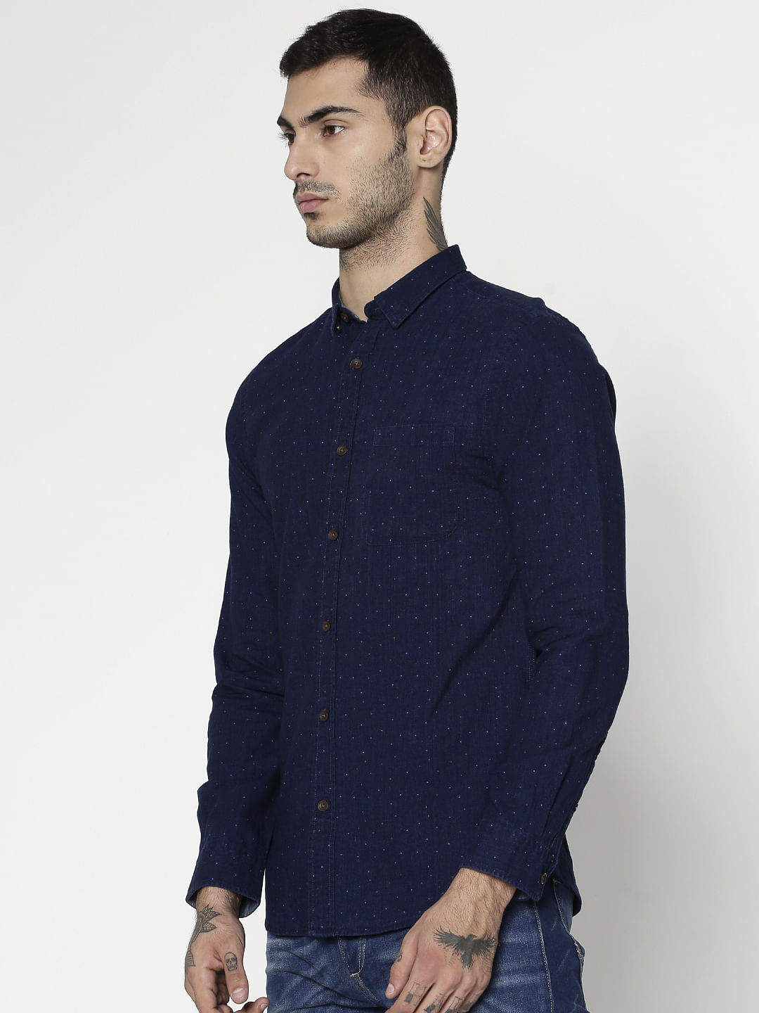 Blue All Over Dotted Print Slim Fit Full Sleeves Shirt