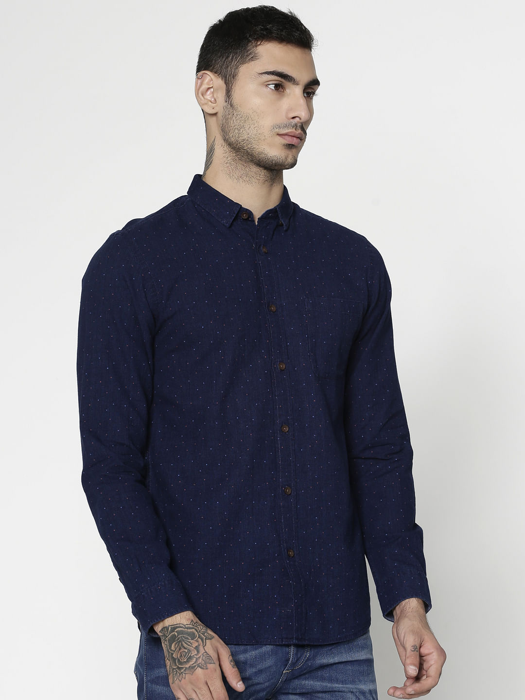 Blue All Over Dotted Print Slim Fit Full Sleeves Shirt