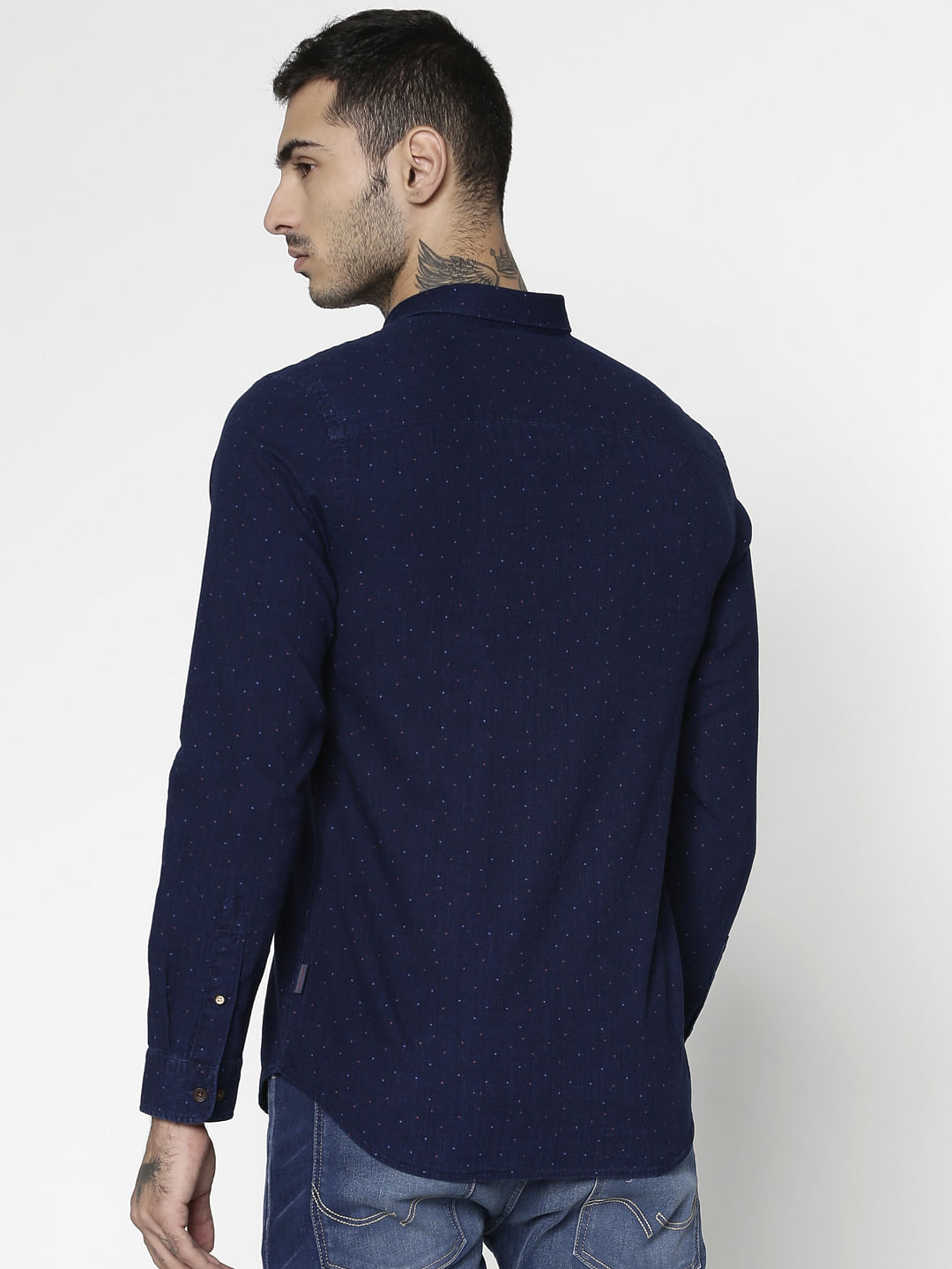 Blue All Over Dotted Print Slim Fit Full Sleeves Shirt