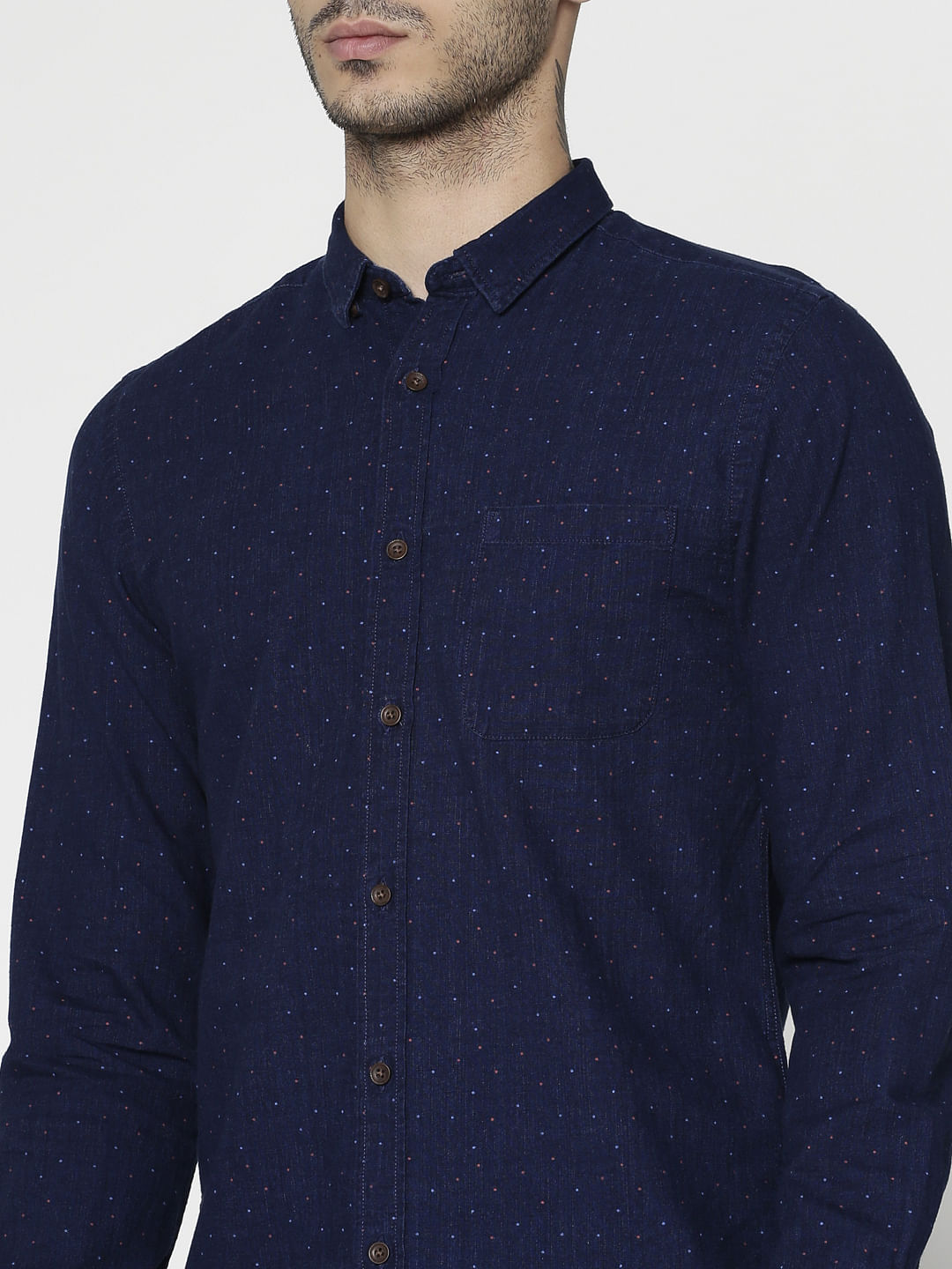 Blue All Over Dotted Print Slim Fit Full Sleeves Shirt