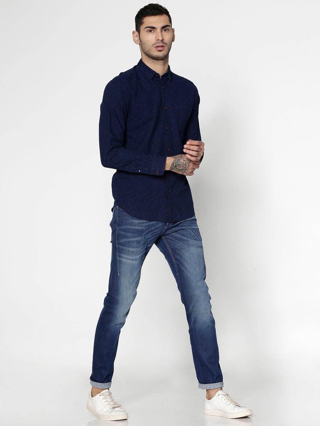 Blue All Over Dotted Print Slim Fit Full Sleeves Shirt