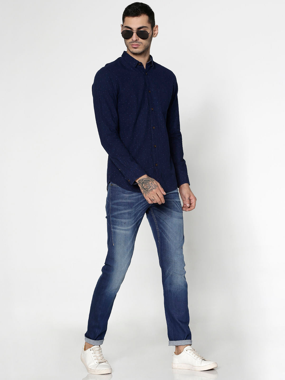 Blue All Over Dotted Print Slim Fit Full Sleeves Shirt