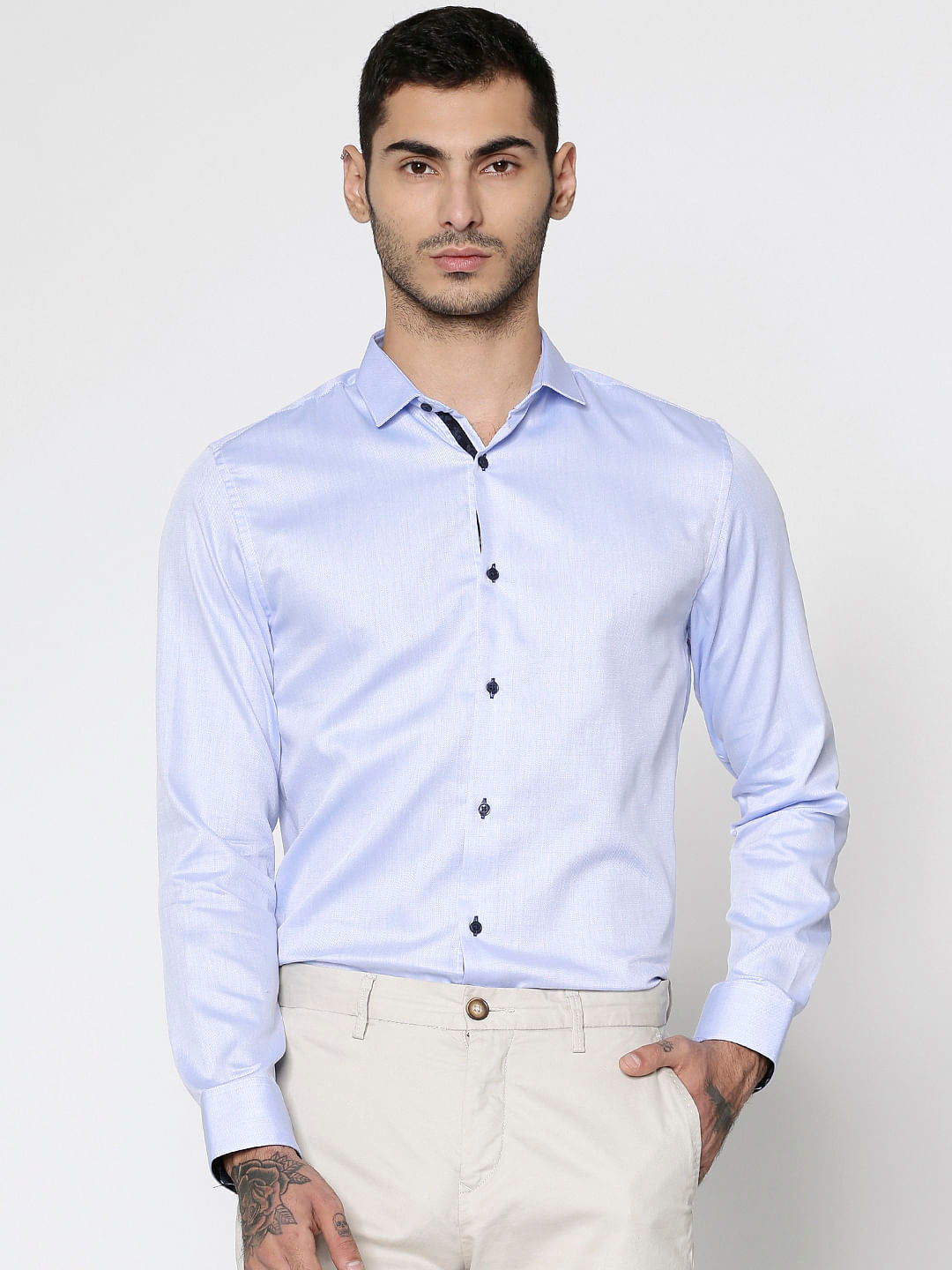 Blue Dobby Slim Fit Full Sleeves Shirt - S