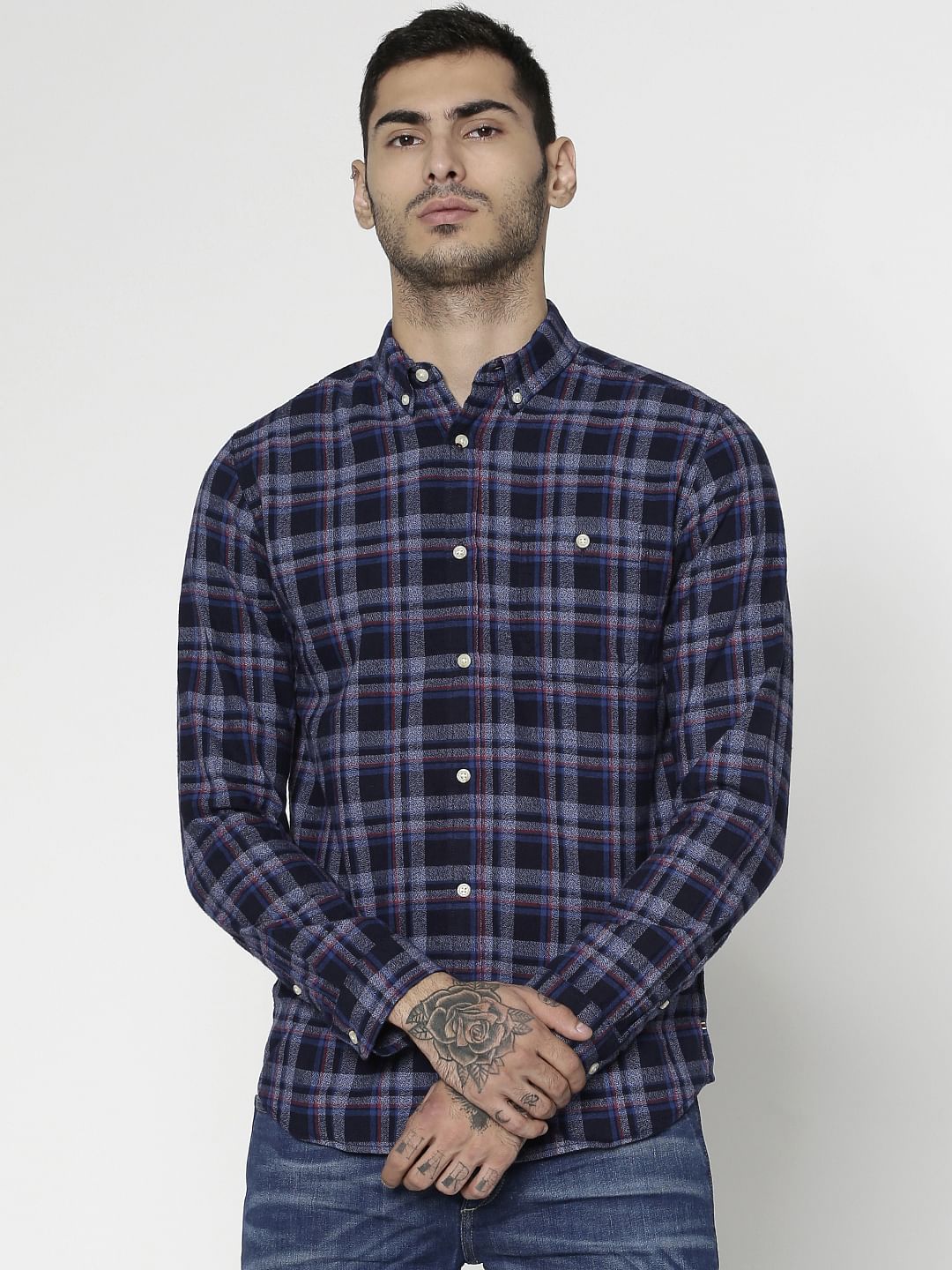 Blue Checks Patch Pocket Slim Fit Full Sleeves Shirt - S