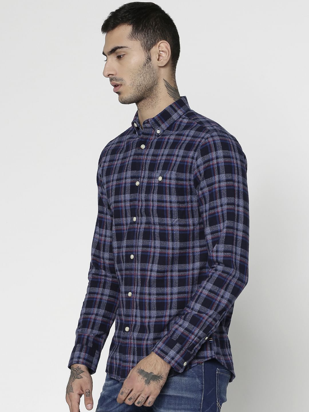 Blue Checks Patch Pocket Slim Fit Full Sleeves Shirt