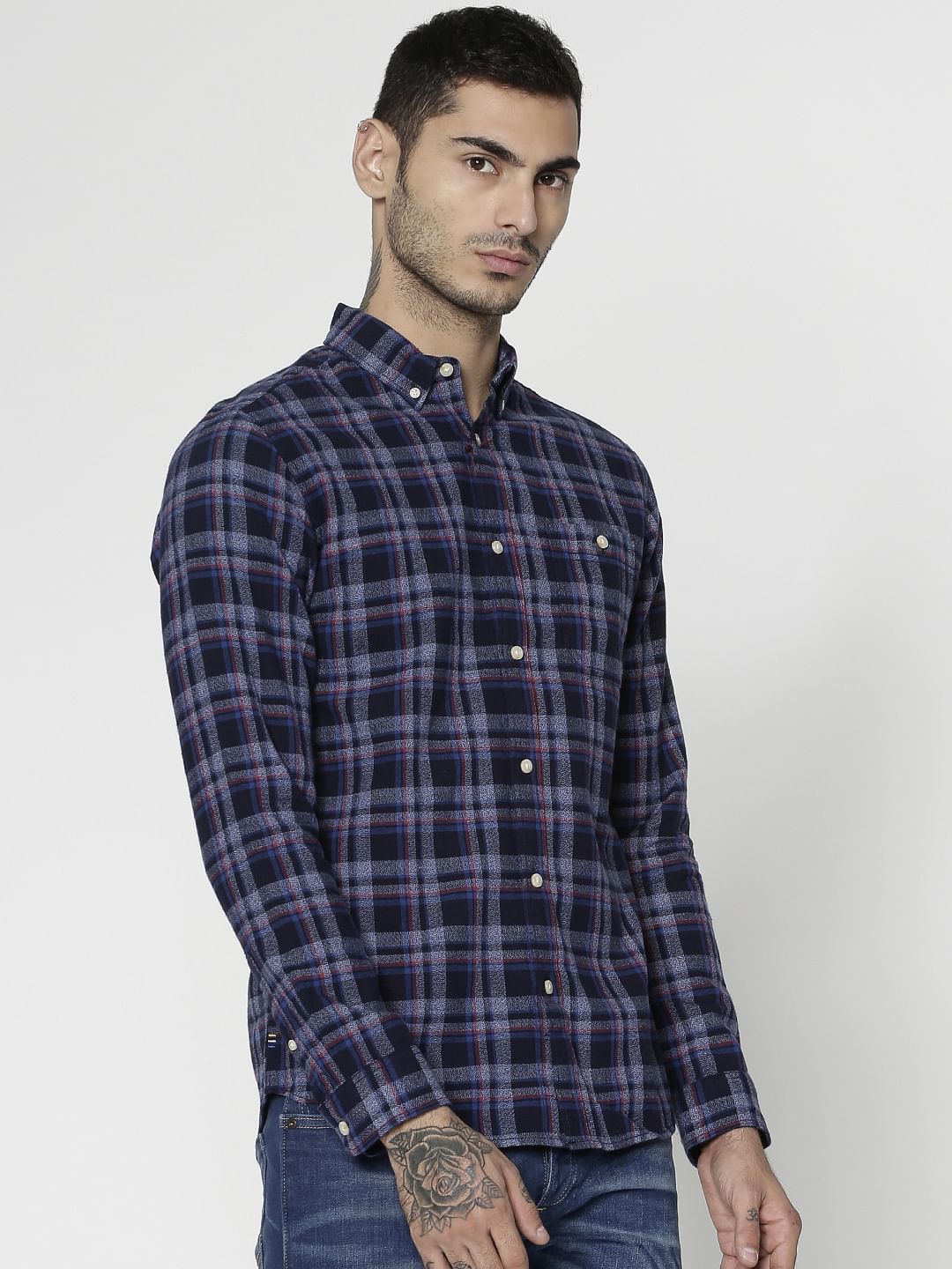 Blue Checks Patch Pocket Slim Fit Full Sleeves Shirt