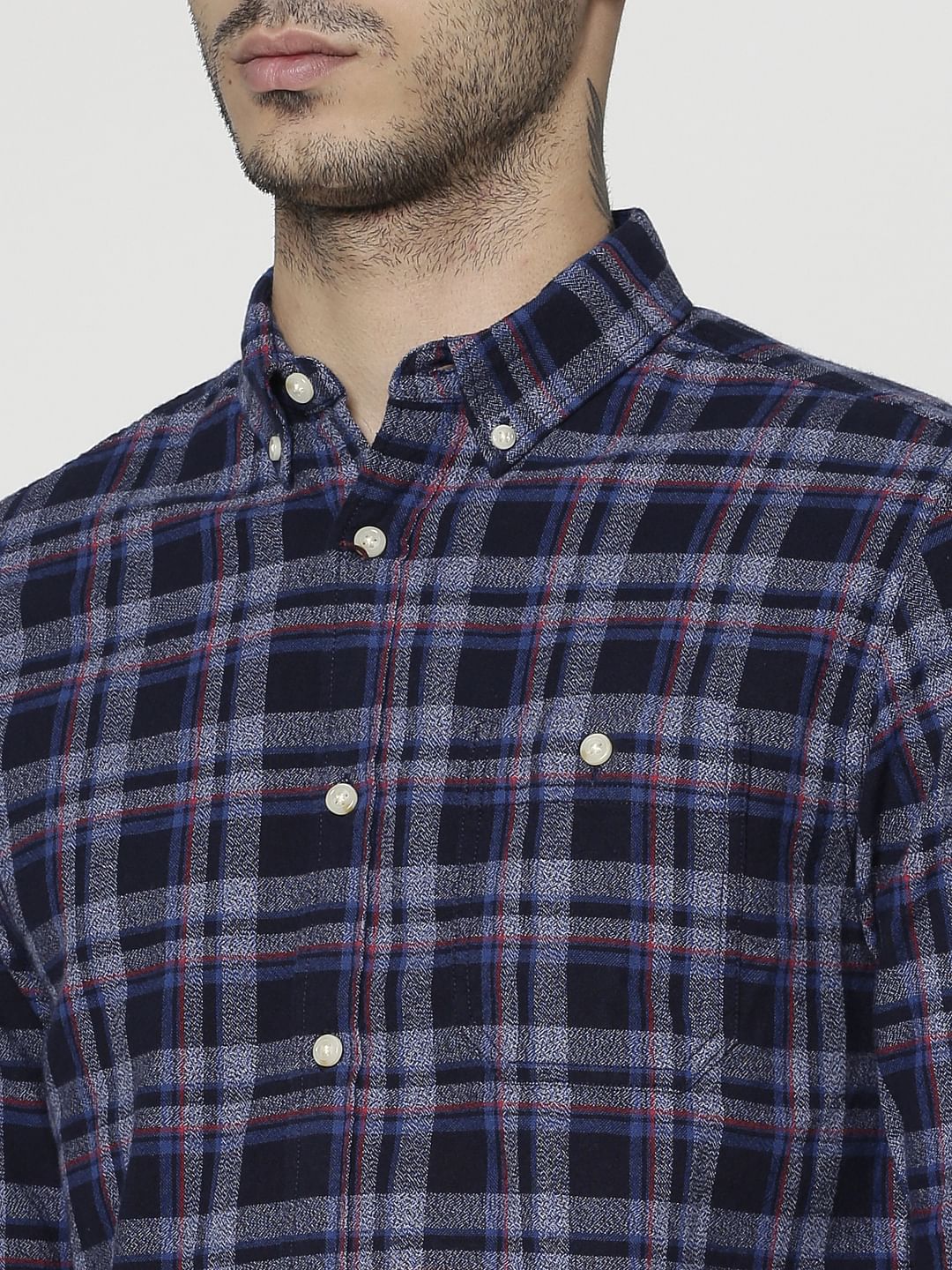 Blue Checks Patch Pocket Slim Fit Full Sleeves Shirt