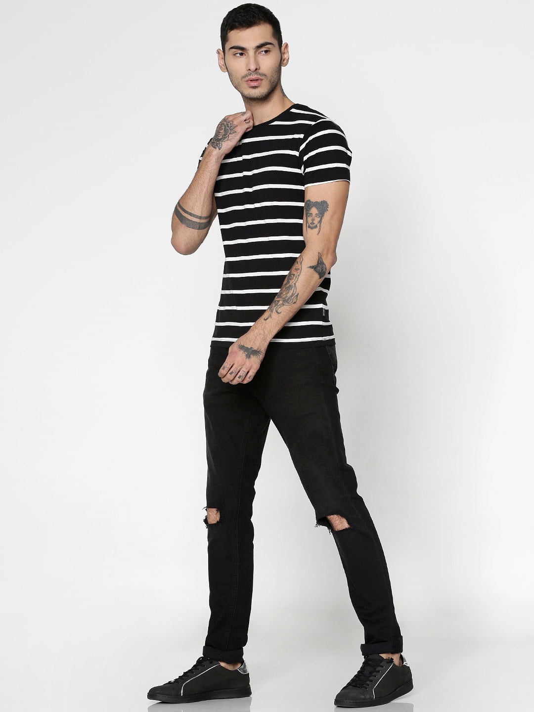 Black Striped Slim Fit Crew Neck T-Shirt