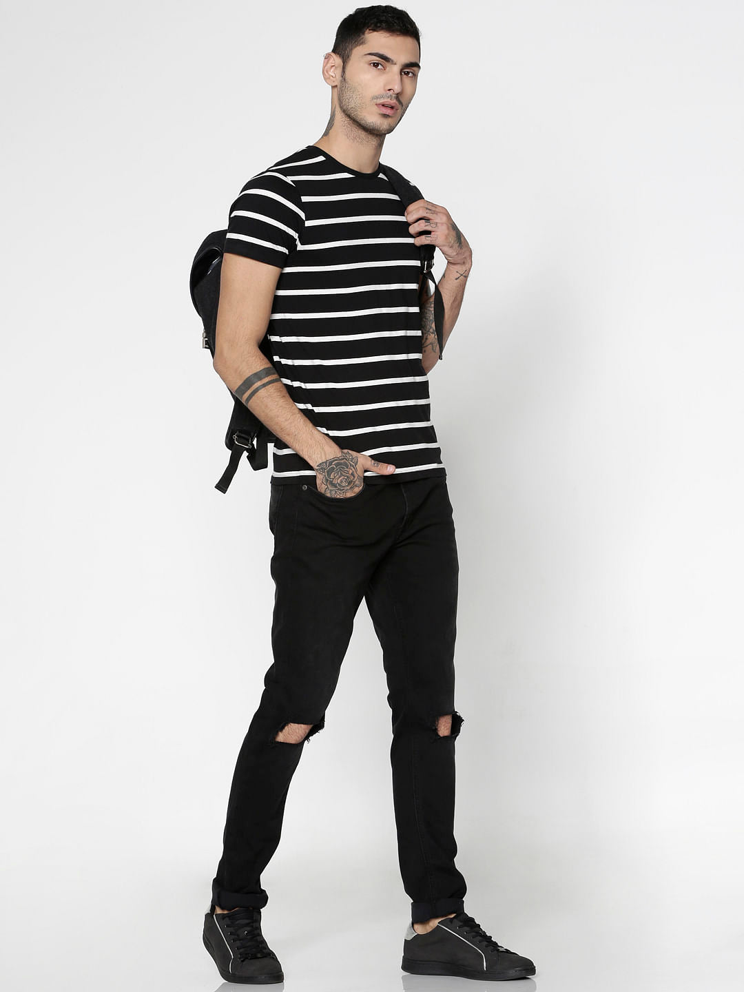 Black Striped Slim Fit Crew Neck T-Shirt