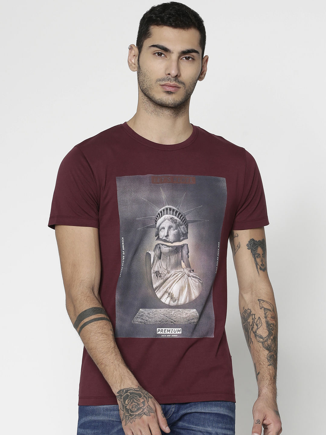 Burgundy Graphic Print Slim Fit Crew Neck T-Shirt - S
