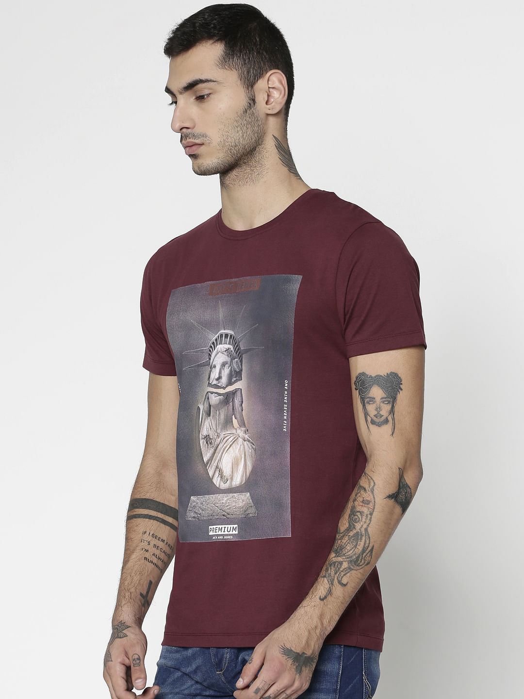 Burgundy Graphic Print Slim Fit Crew Neck T-Shirt