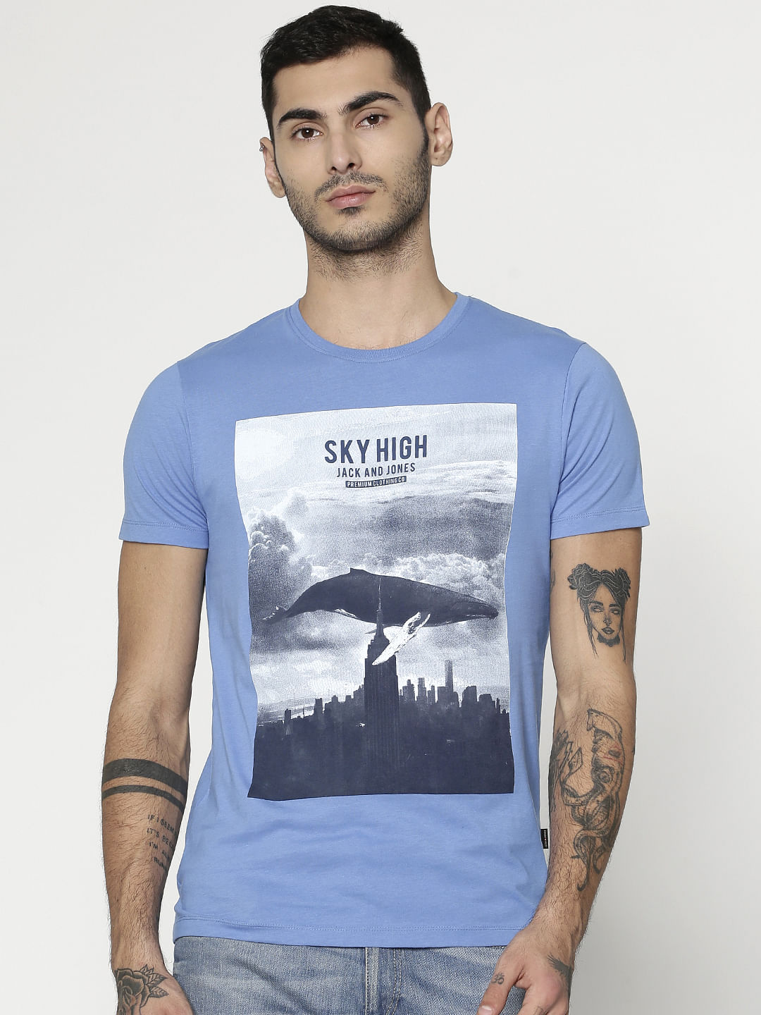 Blue Graphic Print Slim Fit Crew Neck T-Shirt