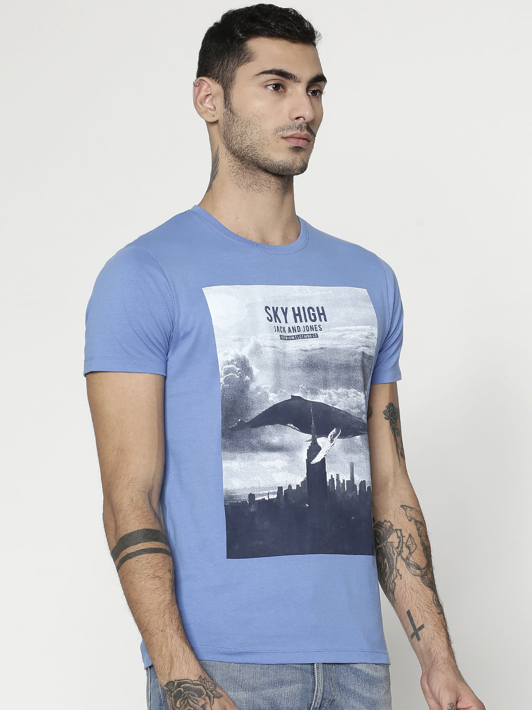 Blue Graphic Print Slim Fit Crew Neck T-Shirt