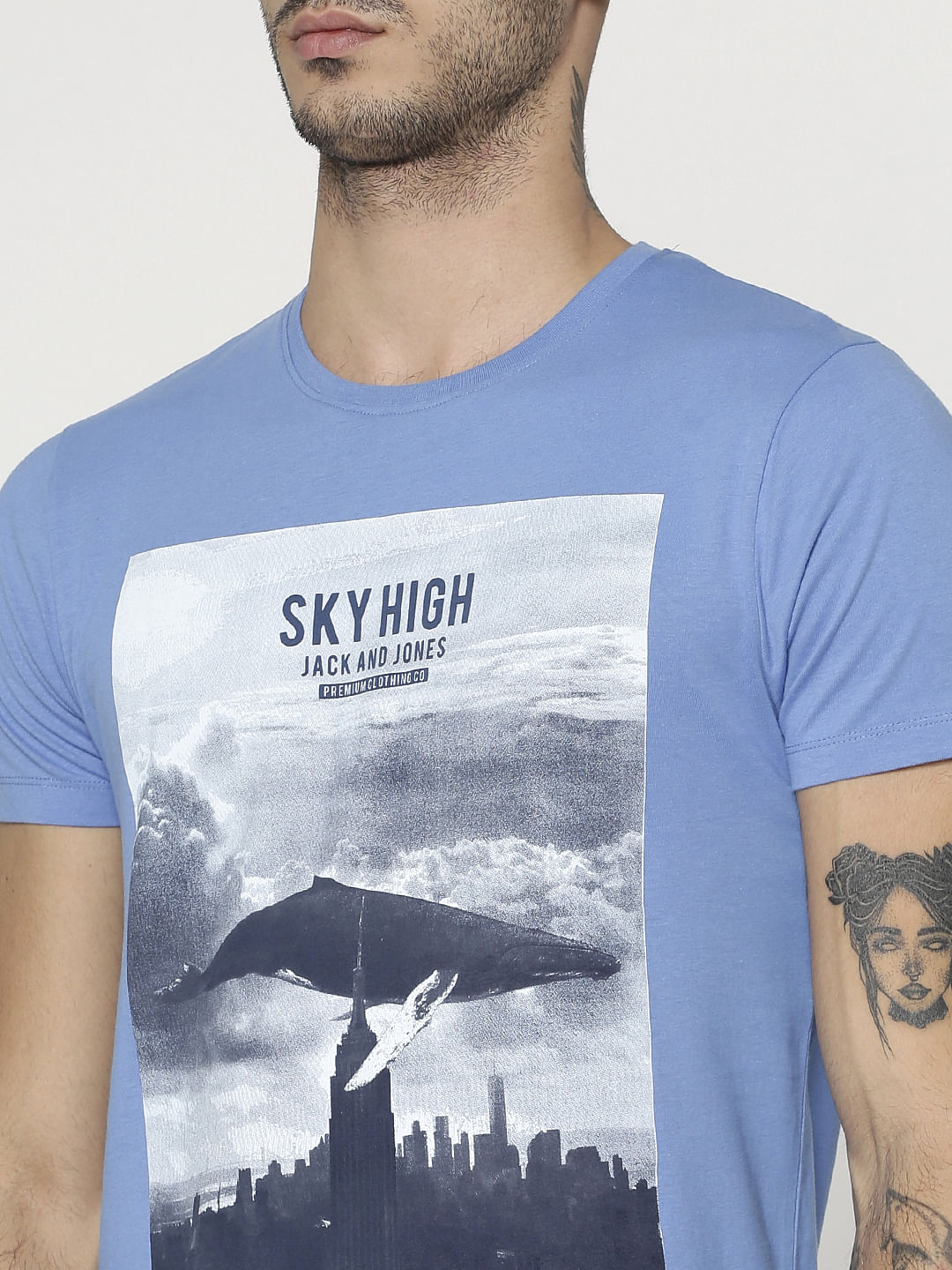 Blue Graphic Print Slim Fit Crew Neck T-Shirt