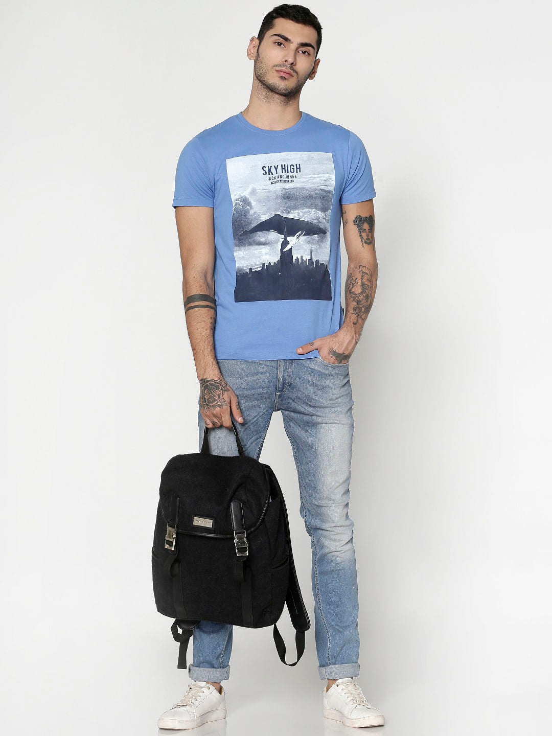 Blue Graphic Print Slim Fit Crew Neck T-Shirt