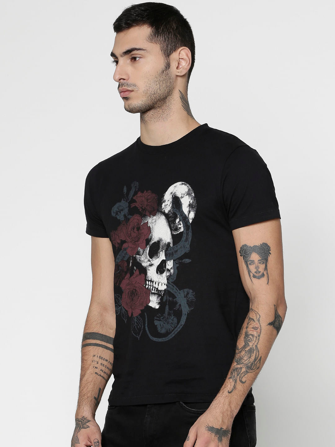 Black Graphic Print Slim Fit Crew Neck T-Shirt