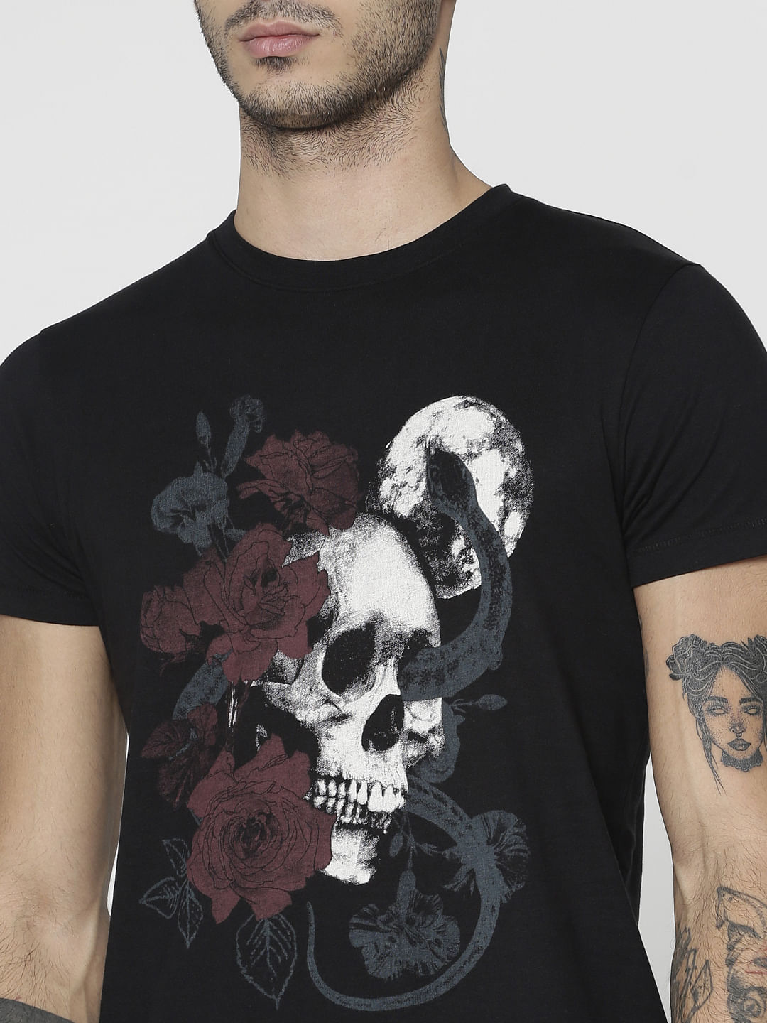 Black Graphic Print Slim Fit Crew Neck T-Shirt
