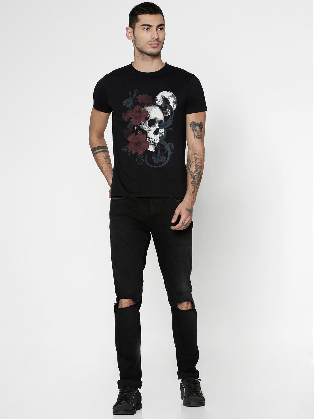 Black Graphic Print Slim Fit Crew Neck T-Shirt