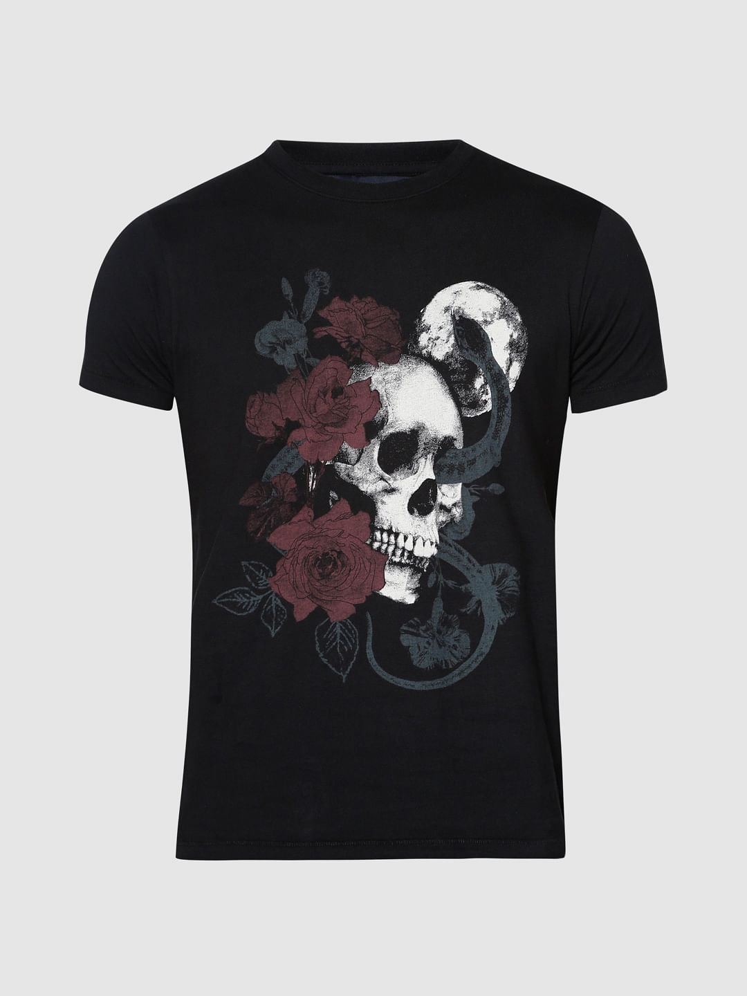 Black Graphic Print Slim Fit Crew Neck T-Shirt