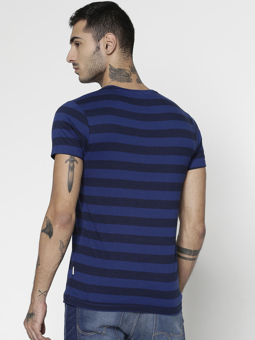 Blue Striped Slim Fit Crew Neck T-Shirt