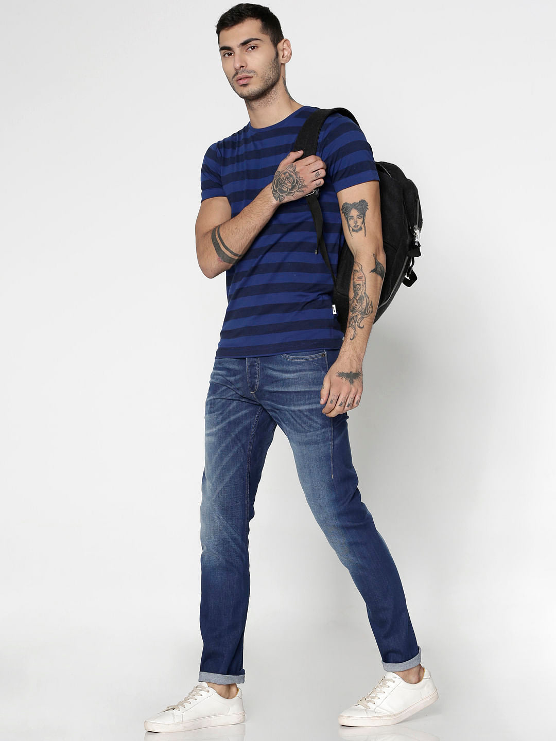 Blue Striped Slim Fit Crew Neck T-Shirt