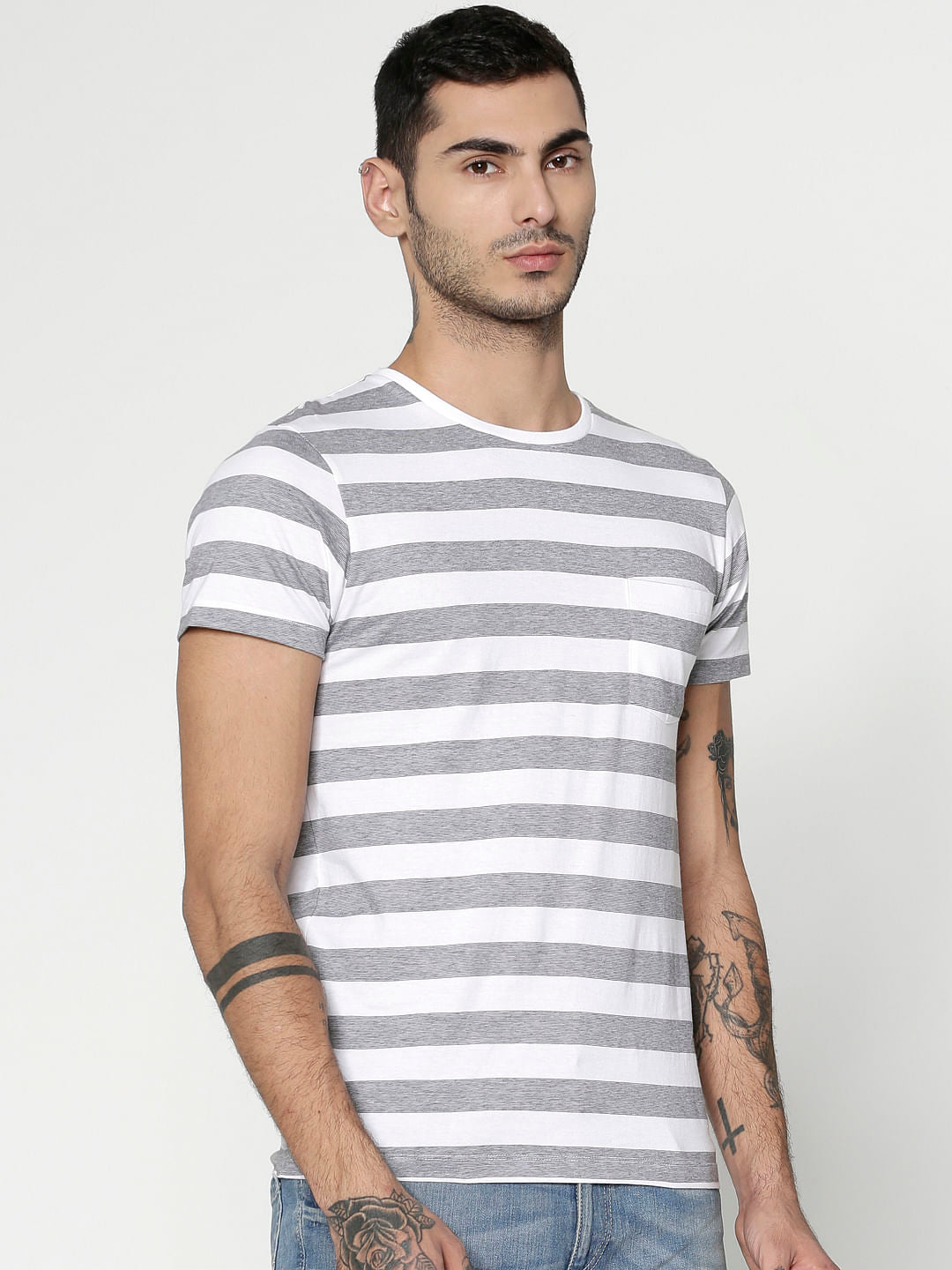 White Striped Slim Fit Crew Neck T-Shirt