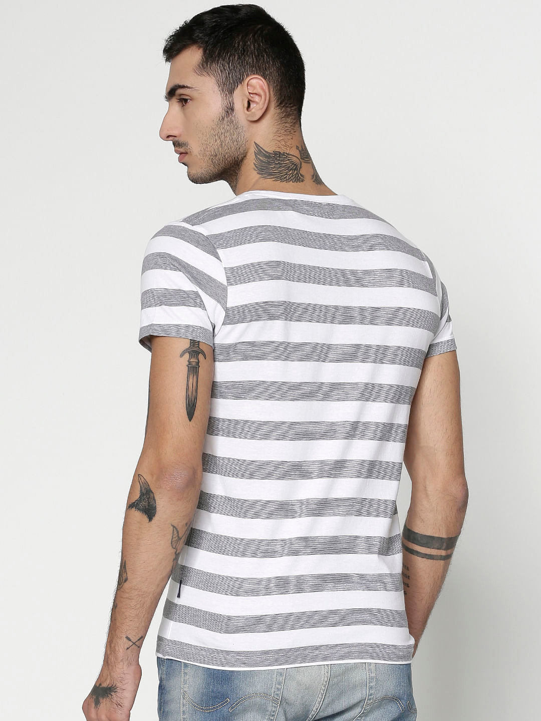 White Striped Slim Fit Crew Neck T-Shirt