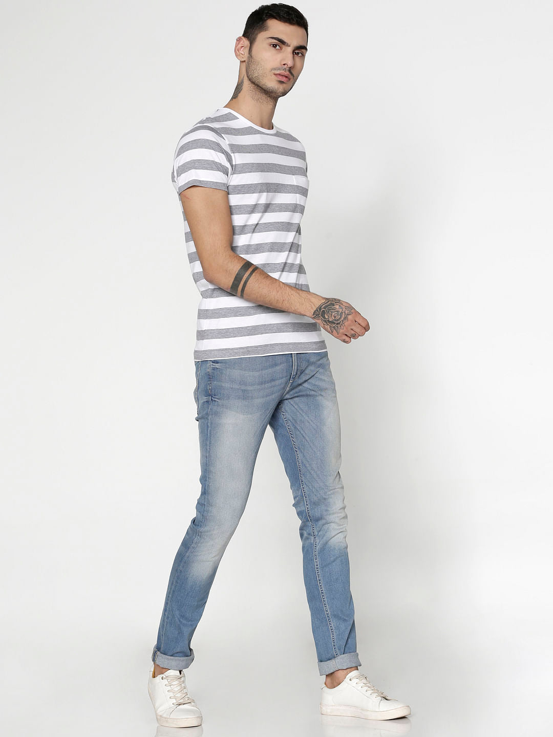 White Striped Slim Fit Crew Neck T-Shirt