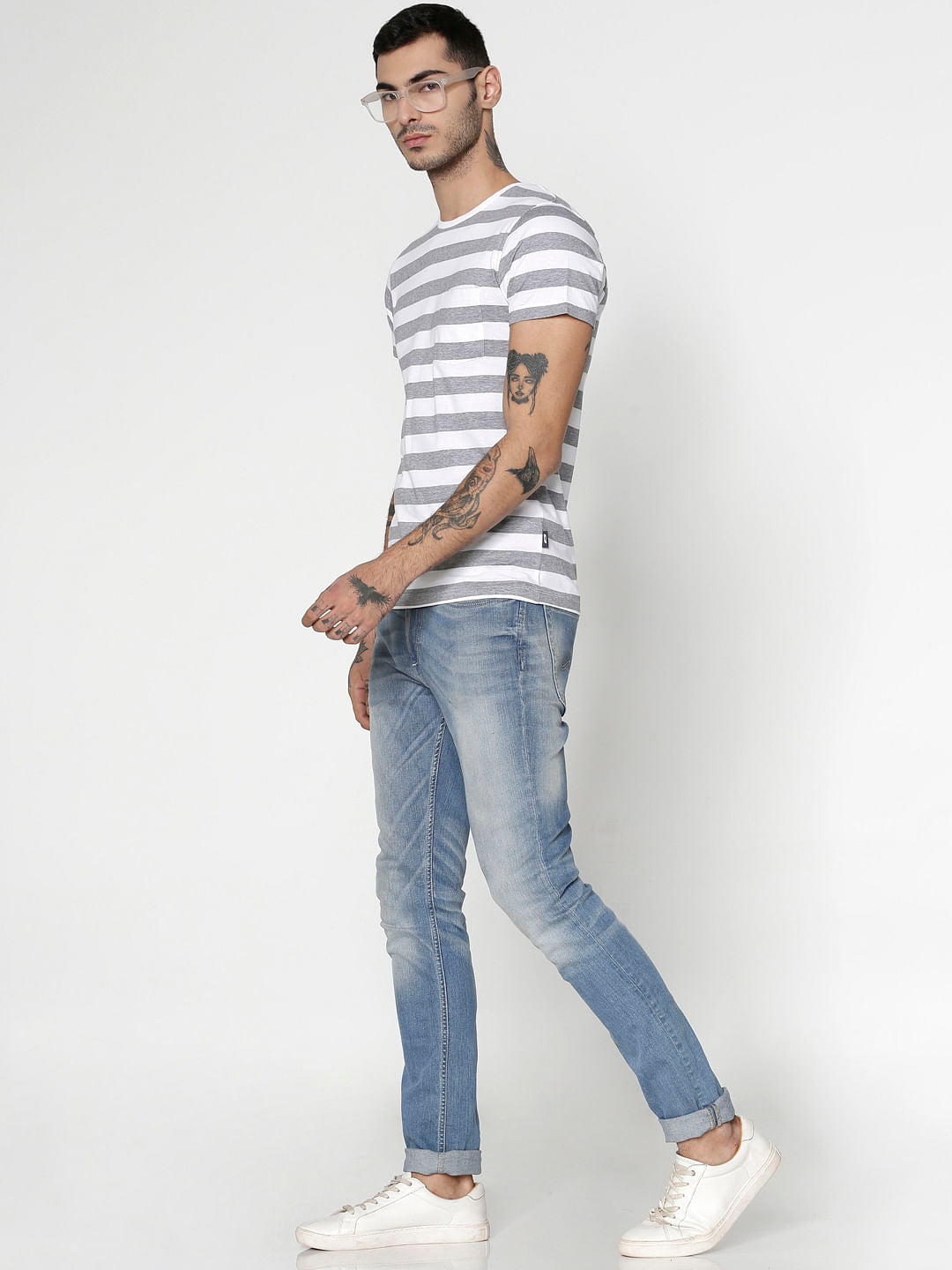White Striped Slim Fit Crew Neck T-Shirt