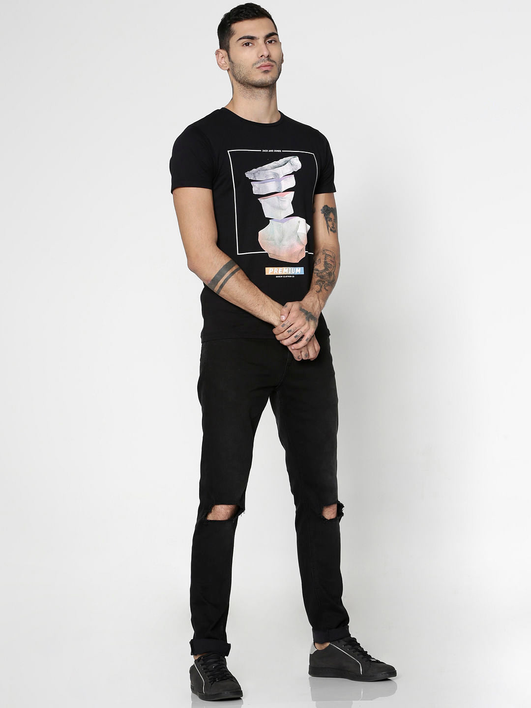Black Graphic Print Slim Fit Crew Neck T-Shirt