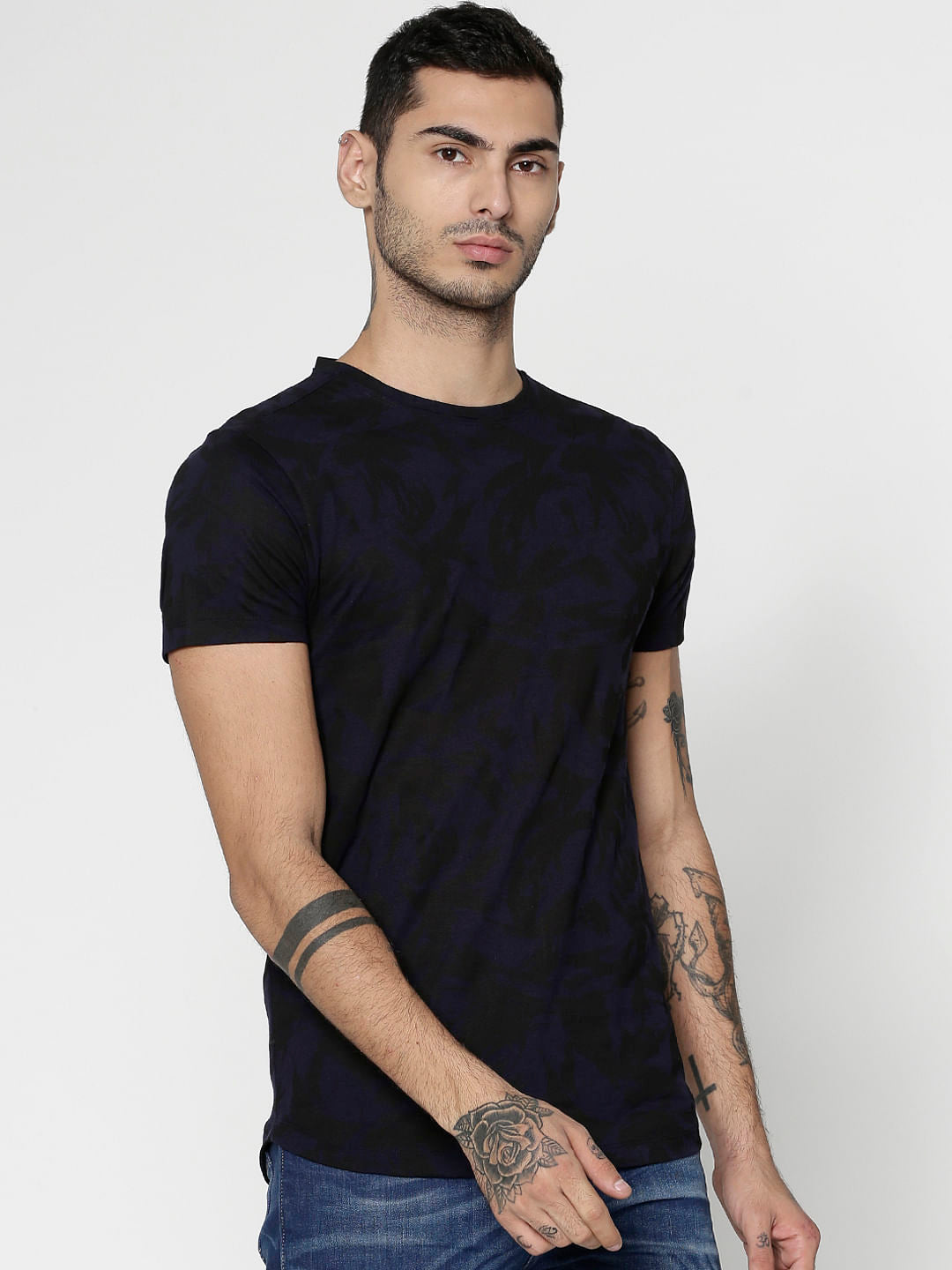 Blue All Over Printed Slim Fit Crew Neck T-Shirt