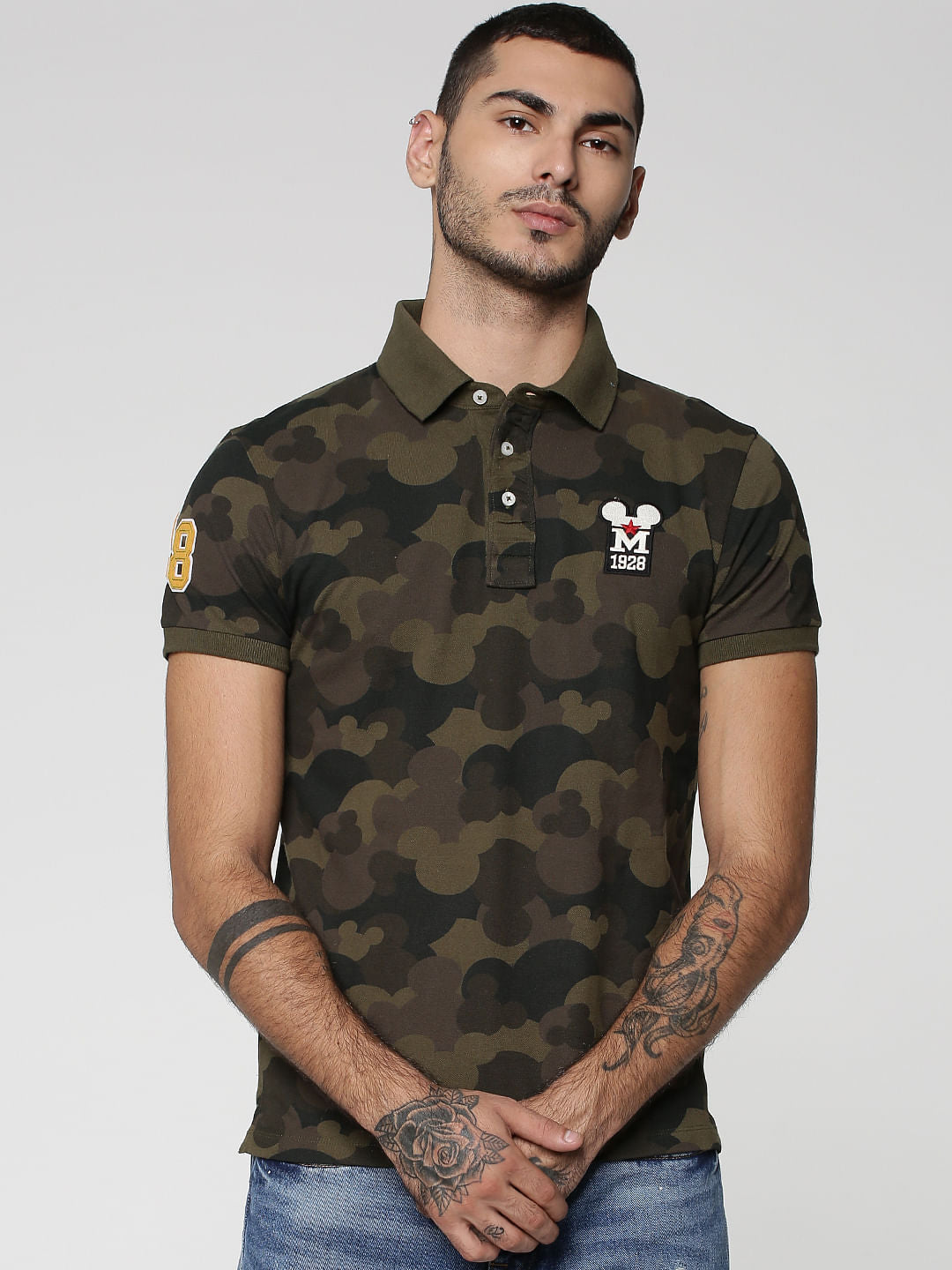 Mickey Olive Green Mickey Mouse Camo Print Polo T-Shirt - S