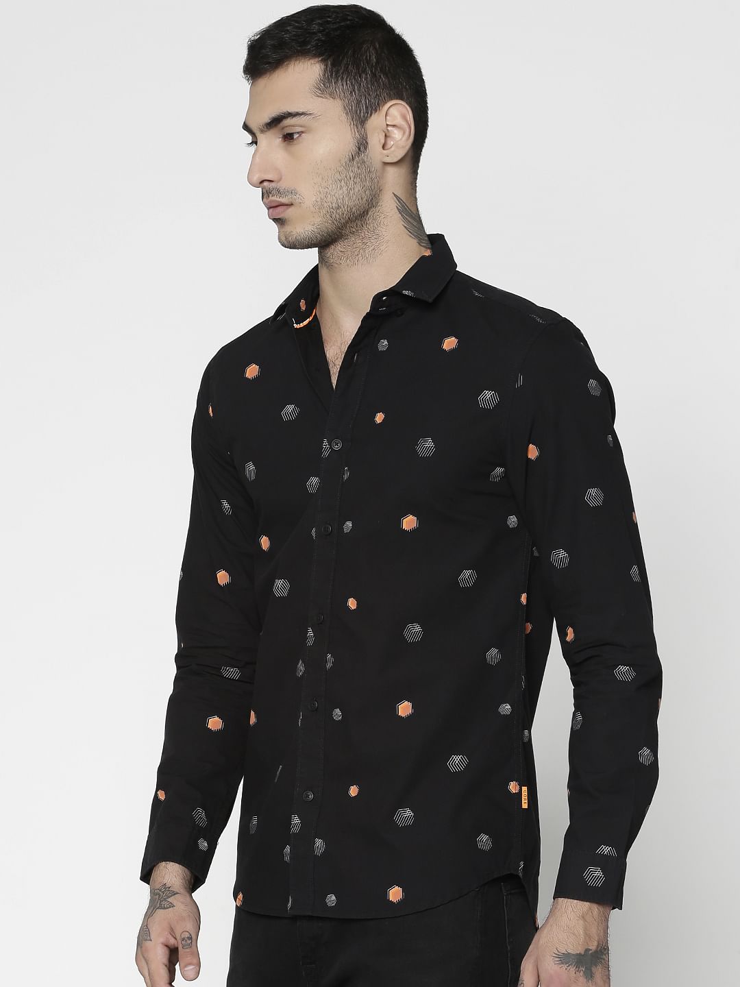 Black All Over Printed Slim Fit Full Sleeves Shirt