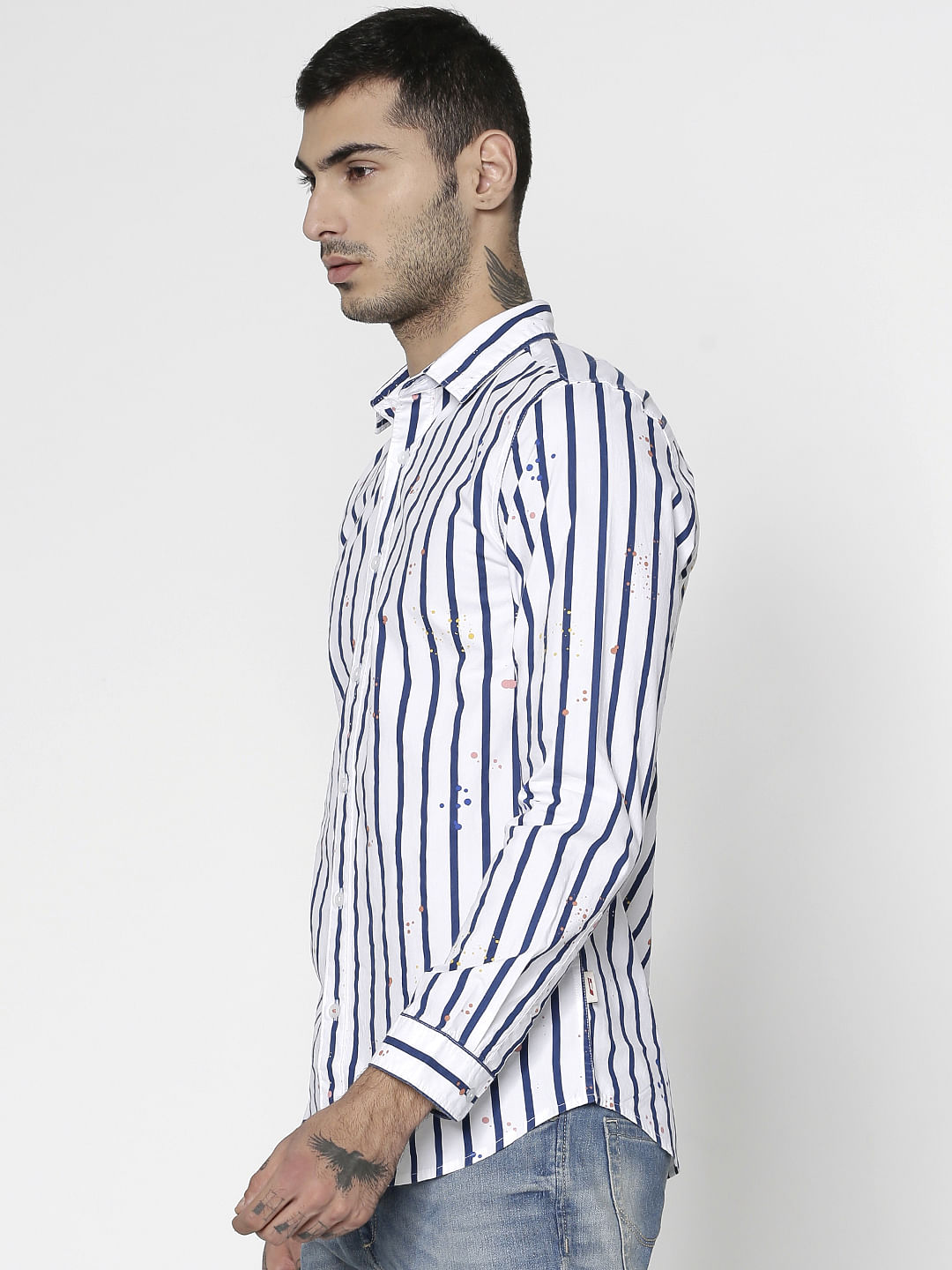 White Striped And Splash Print Slim Fit Full Sleeves Shirt