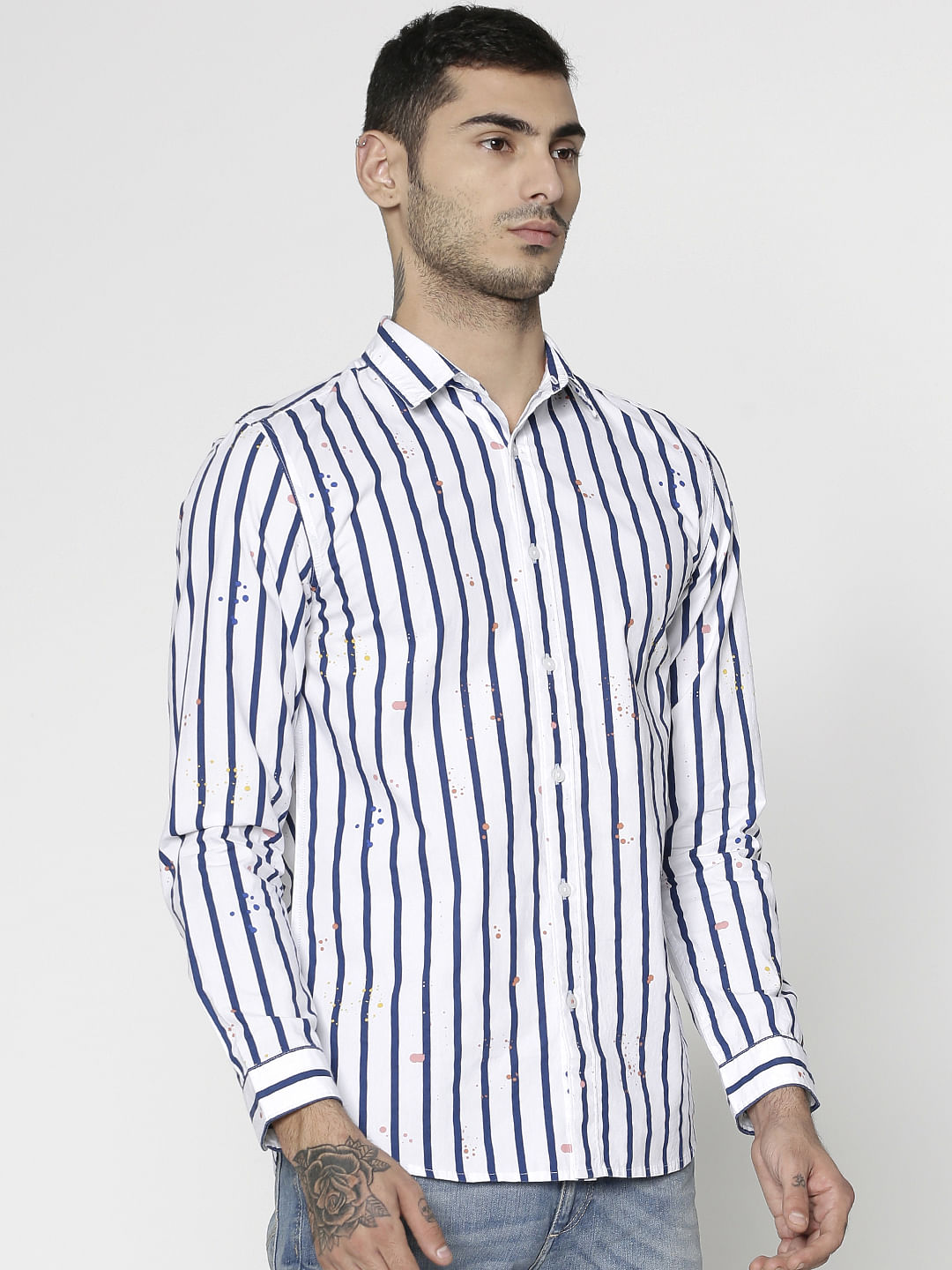 White Striped And Splash Print Slim Fit Full Sleeves Shirt