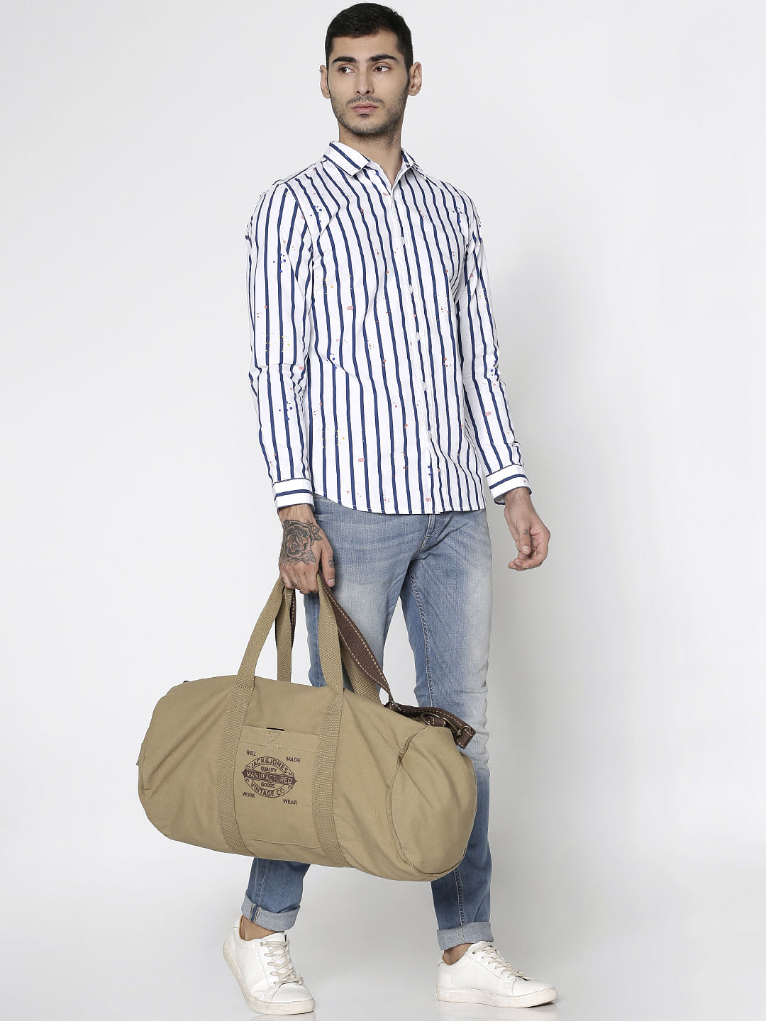 White Striped And Splash Print Slim Fit Full Sleeves Shirt