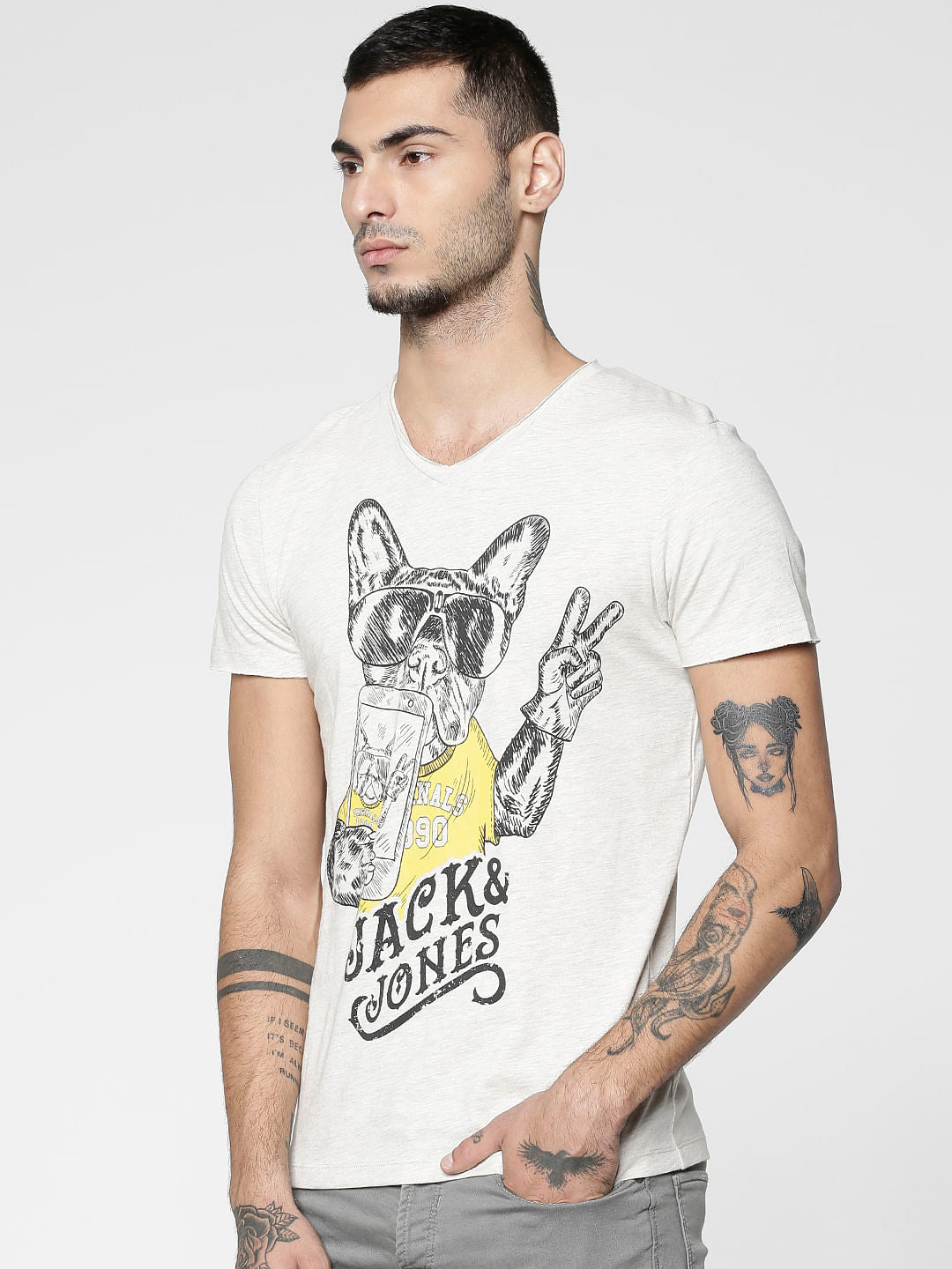White Graphic Print Slim Fit V Neck T-Shirt
