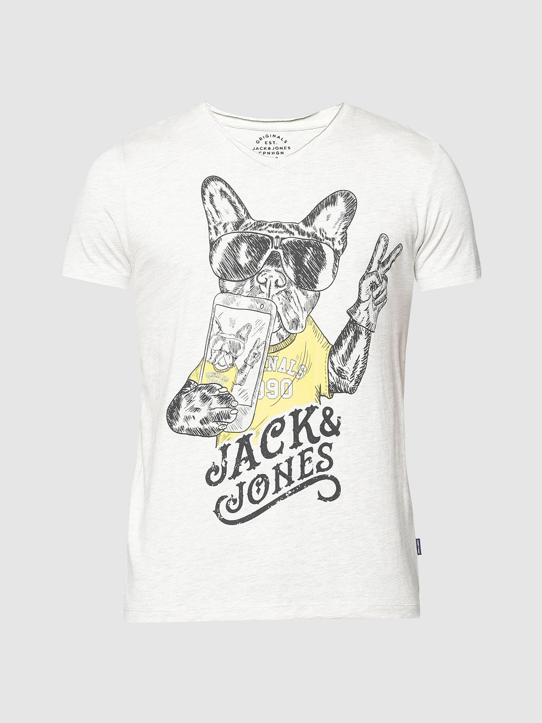 White Graphic Print Slim Fit V Neck T-Shirt