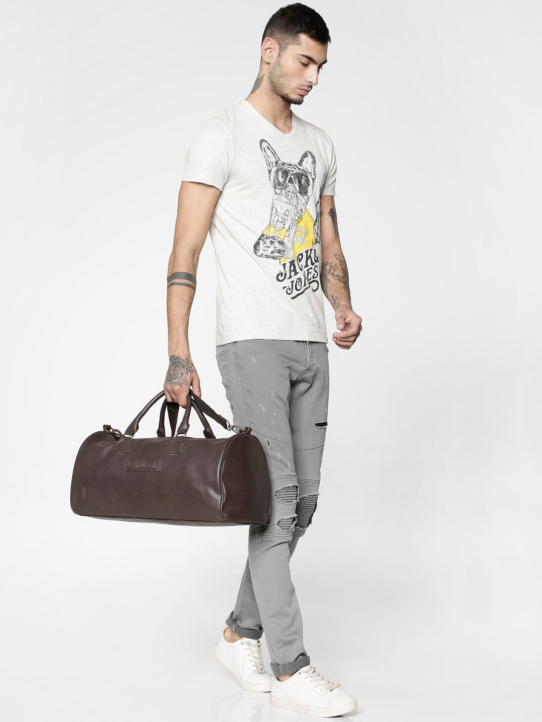 White Graphic Print Slim Fit V Neck T-Shirt