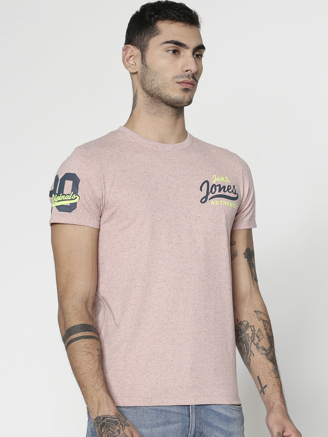 Pink Text Print Slim Fit Crew Neck T-Shirt