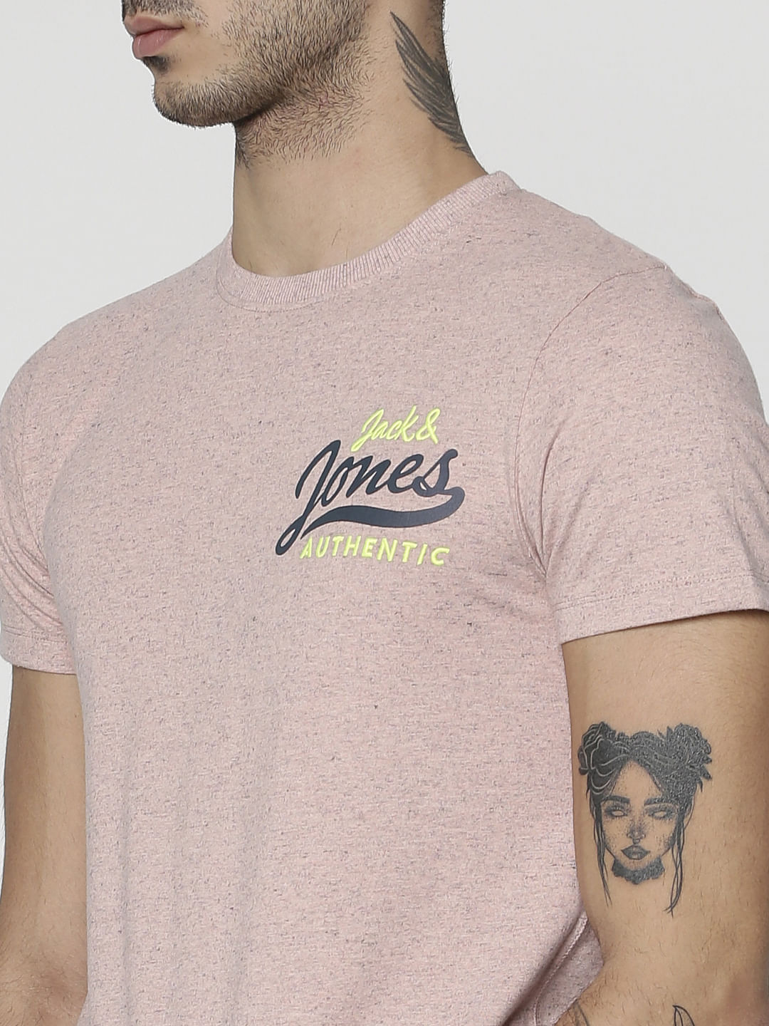 Pink Text Print Slim Fit Crew Neck T-Shirt