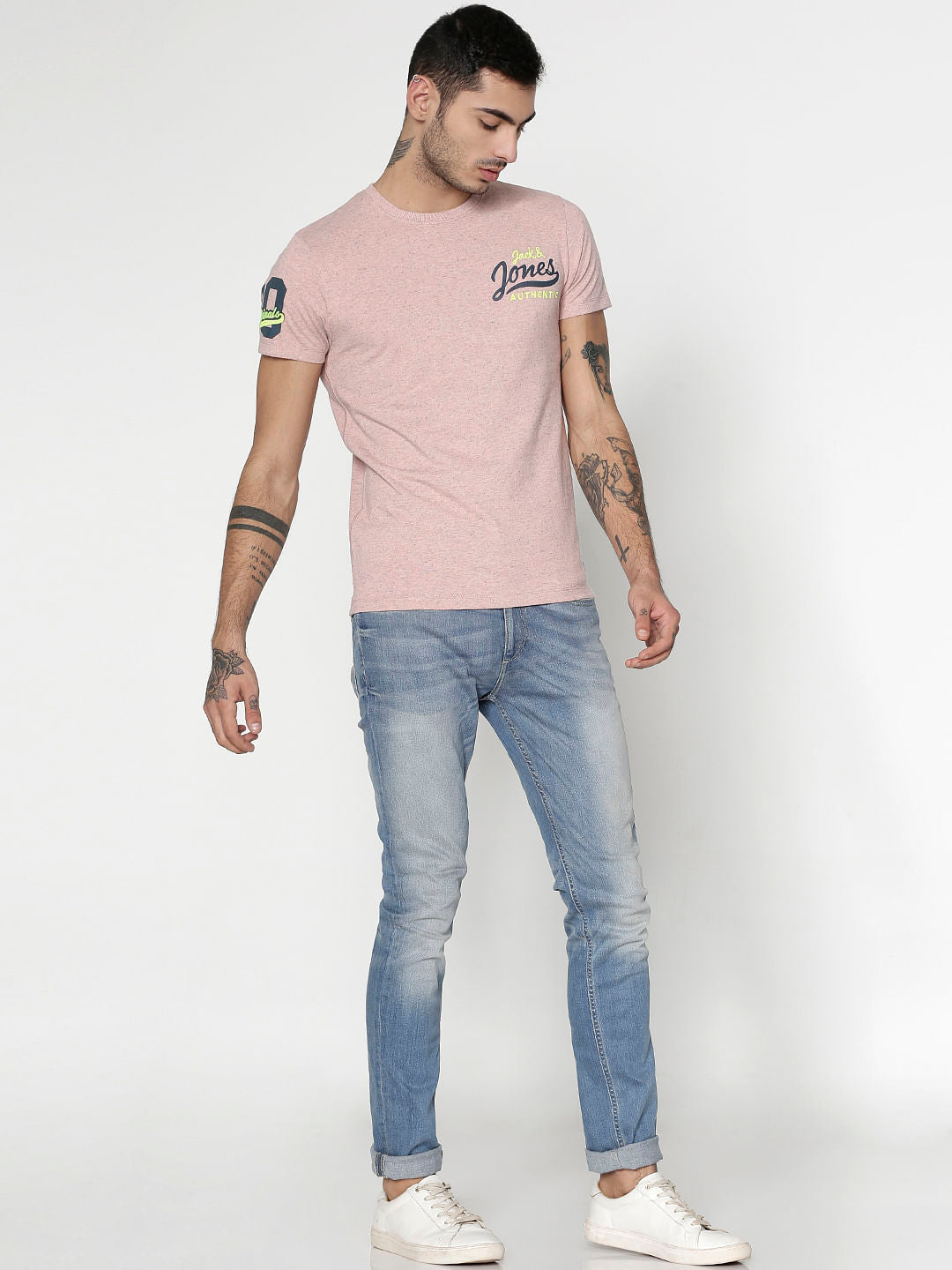 Pink Text Print Slim Fit Crew Neck T-Shirt