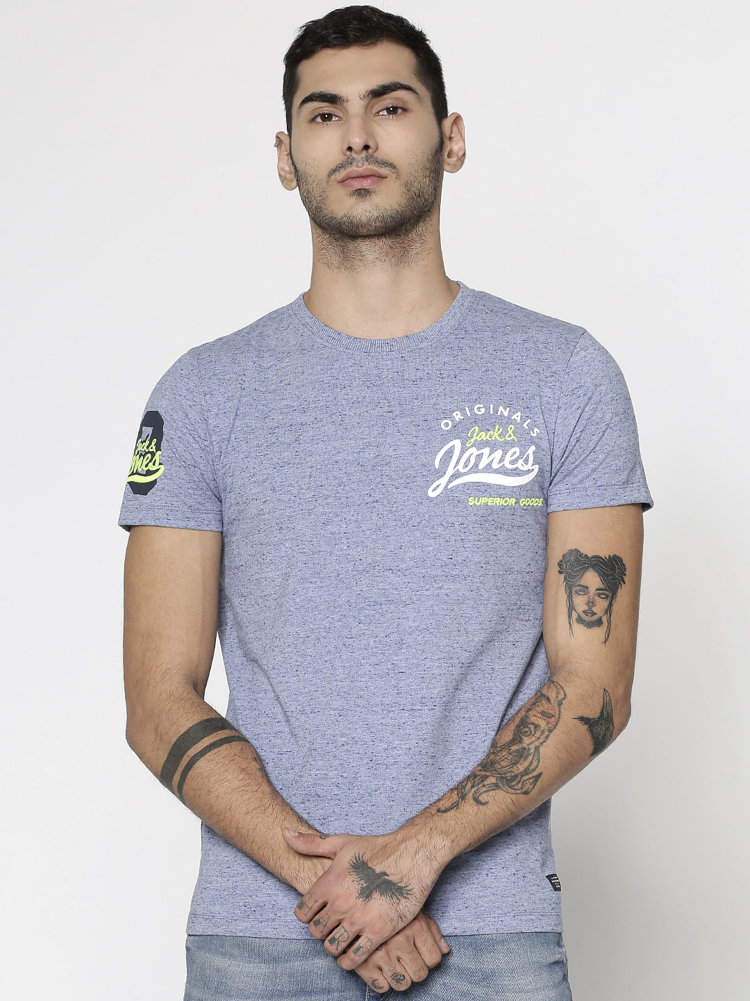 Blue Text Print Slim Fit Crew Neck T-Shirt