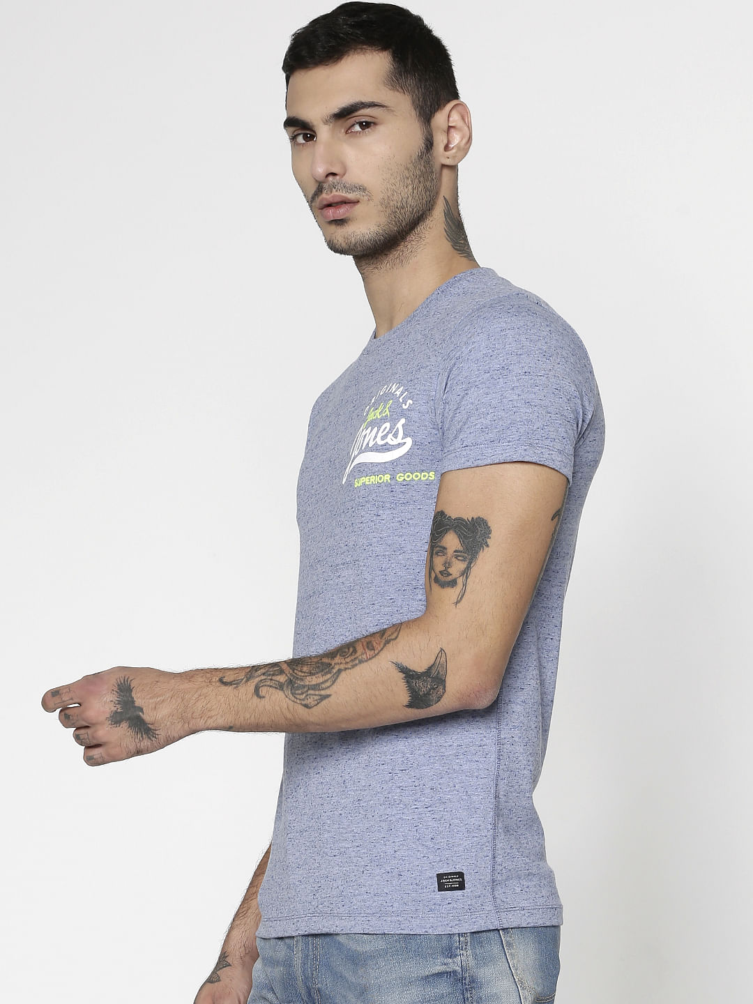 Blue Text Print Slim Fit Crew Neck T-Shirt