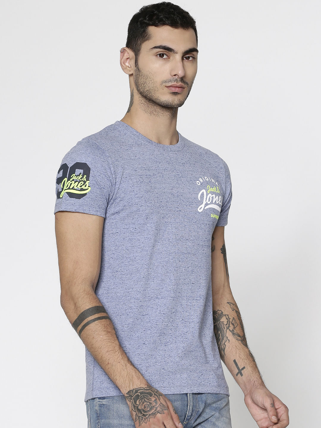 Blue Text Print Slim Fit Crew Neck T-Shirt
