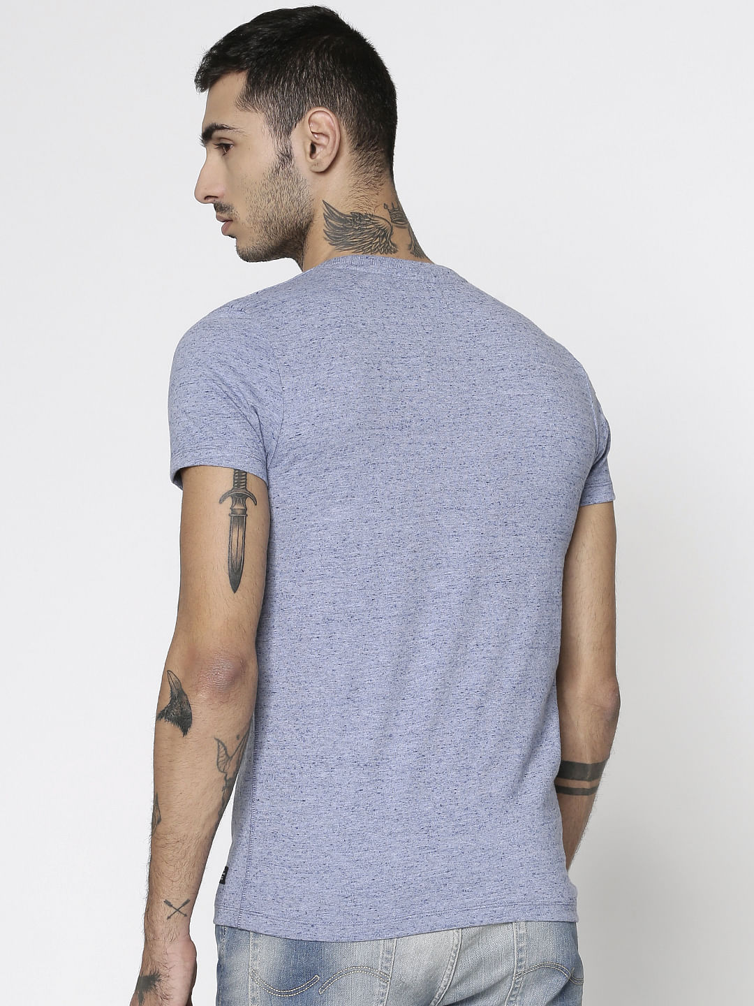 Blue Text Print Slim Fit Crew Neck T-Shirt