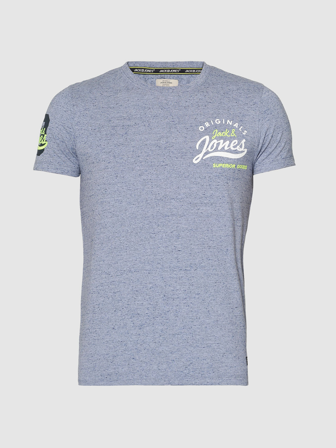 Blue Text Print Slim Fit Crew Neck T-Shirt
