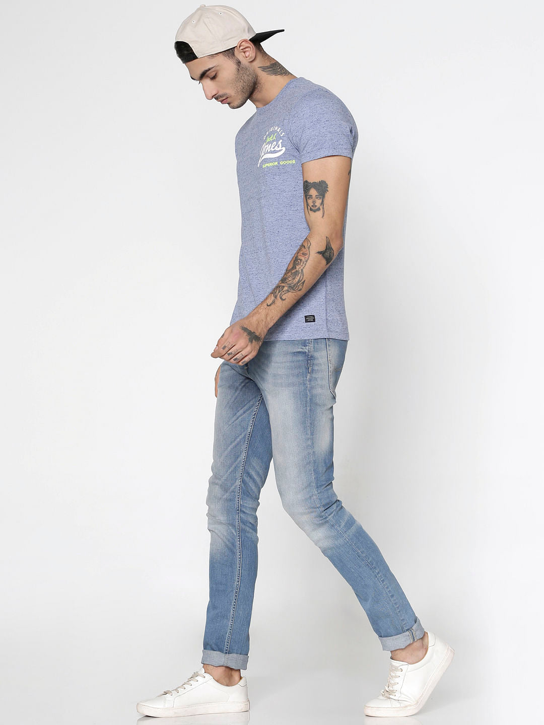Blue Text Print Slim Fit Crew Neck T-Shirt